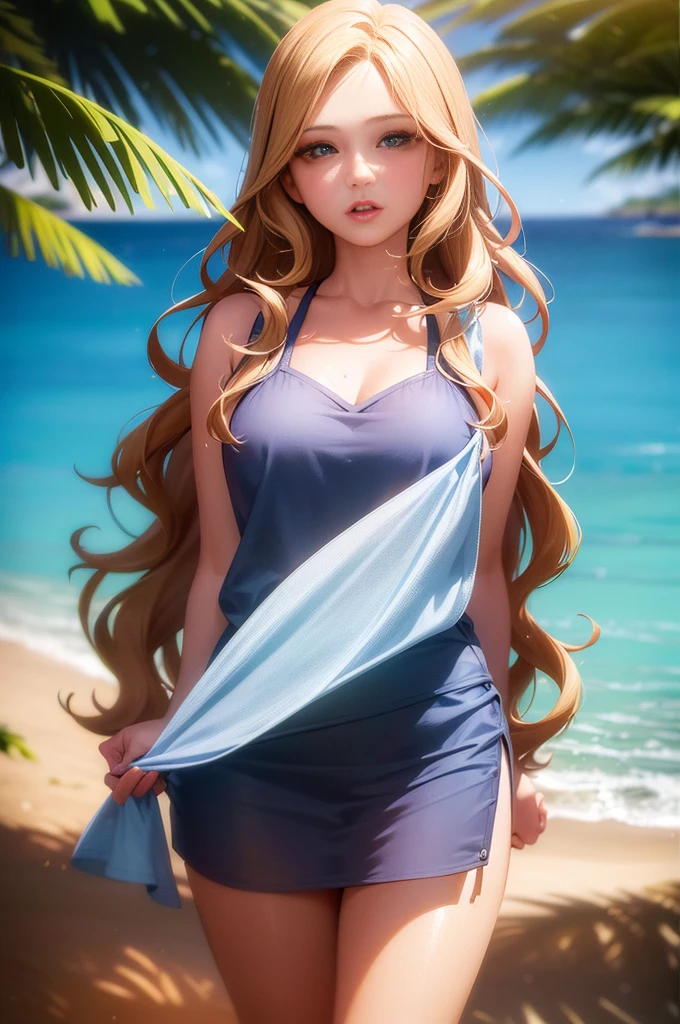 a beautiful girl in a summer uniform, standing on a sandy beach near the seaside, facing the camera, serene expression, long wavy hair, beautiful detailed eyes, long eyelashes, beautiful detailed lips, extremely detailed face, sunlight shining on her, ocean waves crashing in the background, (best quality,4k,8k,highres,masterpiece:1.2),ultra-detailed,(realistic,photorealistic,photo-realistic:1.37),vivid colors,natural lighting,portrait,photography