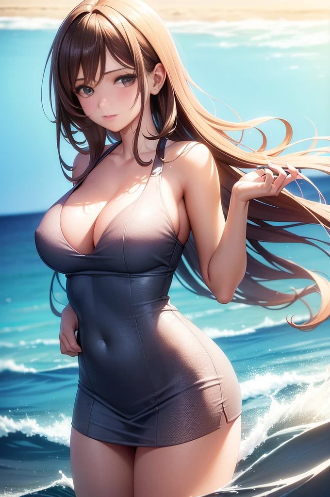a beautiful girl in a summer uniform, standing on a sandy beach near the seaside, facing the camera, serene expression, long wavy hair, beautiful detailed eyes, long eyelashes, beautiful detailed lips, extremely detailed face, sunlight shining on her, ocean waves crashing in the background, (best quality,4k,8k,highres,masterpiece:1.2),ultra-detailed,(realistic,photorealistic,photo-realistic:1.37),vivid colors,natural lighting,portrait,photography