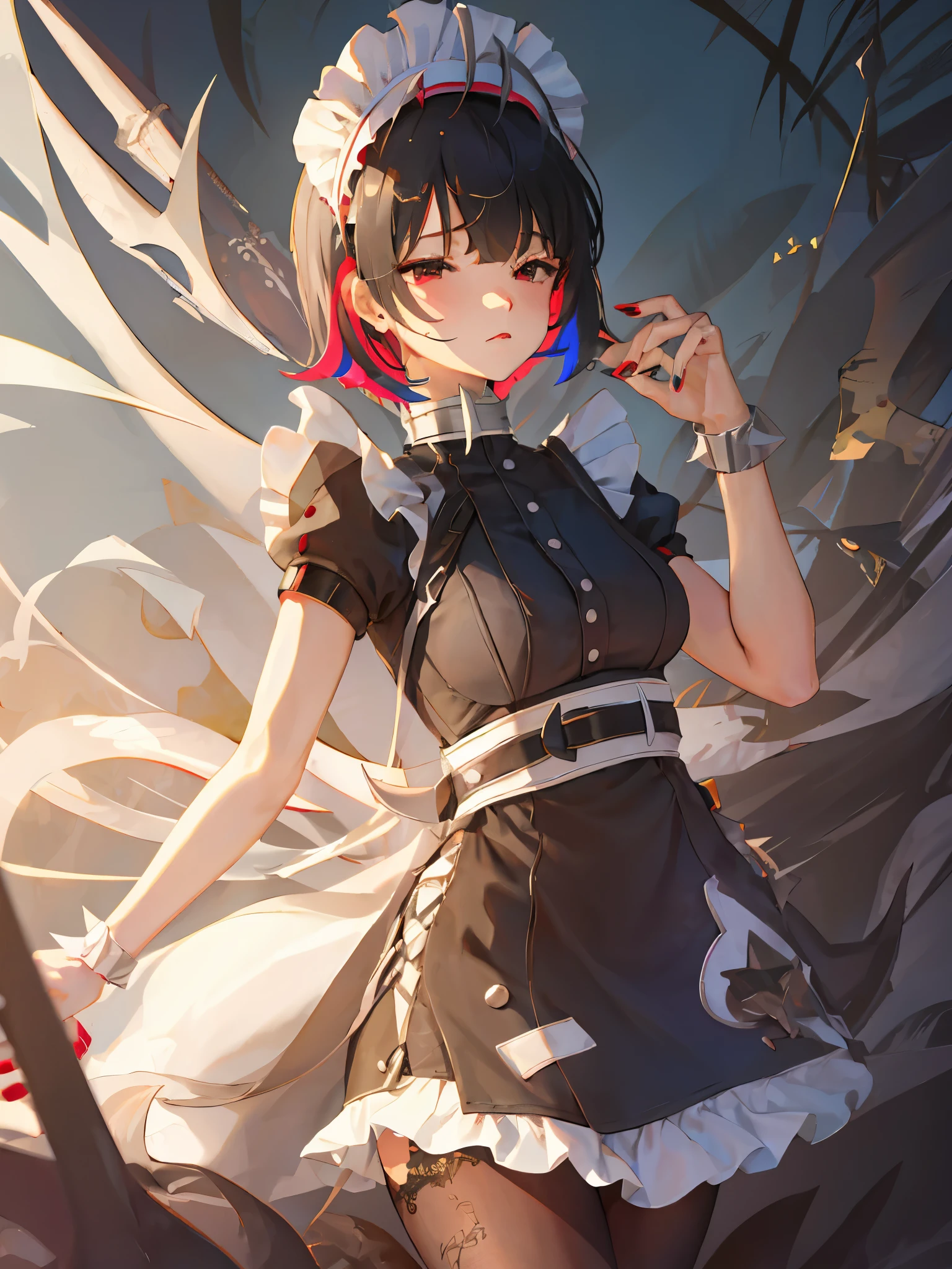 masterpiece,official art,extremely detailed cg unity 8k wallpaper,highly detailed,absurdres,8k resolution,1girl, solo, breasts, looking at viewer, short hair, black hair, red eyes, dress, holding, short sleeves, pantyhose, red hair, multicolored hair, belt, apron, maid, maid headdress, shadow, piercing, red nails,spikes, maid apron, can, argyle legwear, holding can