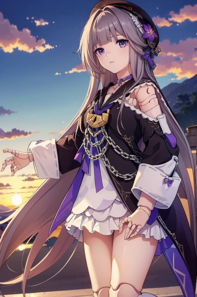 (pensive looking at sunset), (masterpiece), (top quality), (super detail), (one girl), jittery eyes, (dancing) flowing hair, (shiny), full body, (hide hands, doll joints)