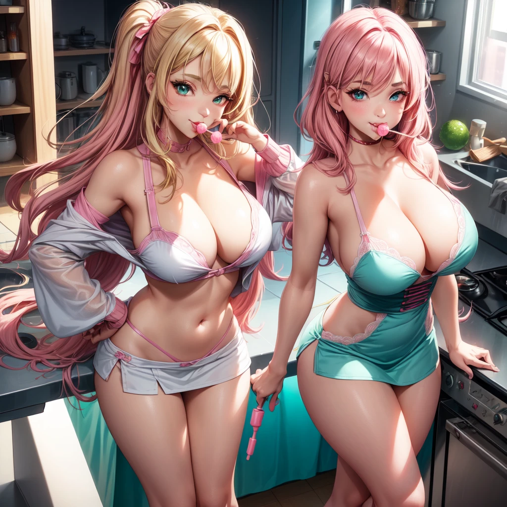 ((1 girls), solo, clevage, Big round breasts, trendy, stylish, clevage, thighs, hips, realistic, pink hair, blonde hair, light green eyes, lip gloss, detailed face, amazing big eyes, eye details, big lips, eyebrow details, blush, smirk, naughty, mischevious face, HD, good quality, kitchen, lolipop, licking lolipop