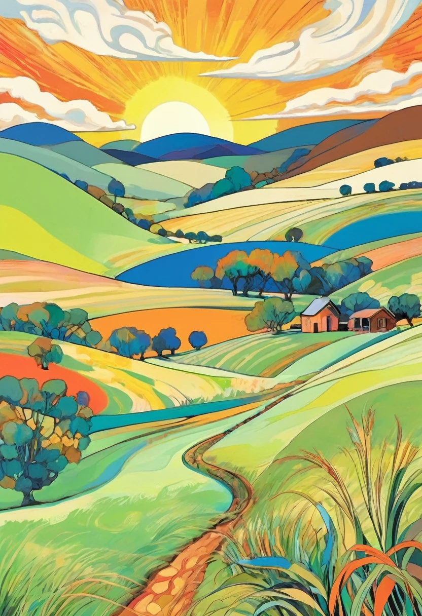 Colorful Brett Whiteley style illustration of the Australian countryside, rolling hills, green pastures, with blue sky, orange sun and white clouds, fauvism
