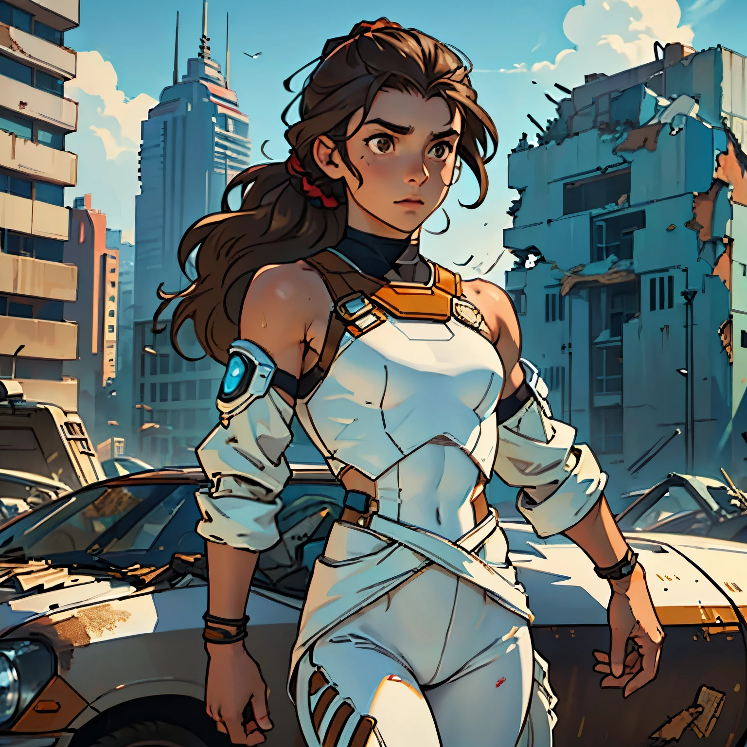 (Caucasian teenager), 18 years old, brown eyes, (wavy brown hair), (hair tied back), medium hair, small breasts. She wears a white sci-fi suit, bare shoulders, solo, building debris in the background, and remains of a destroyed spaceship