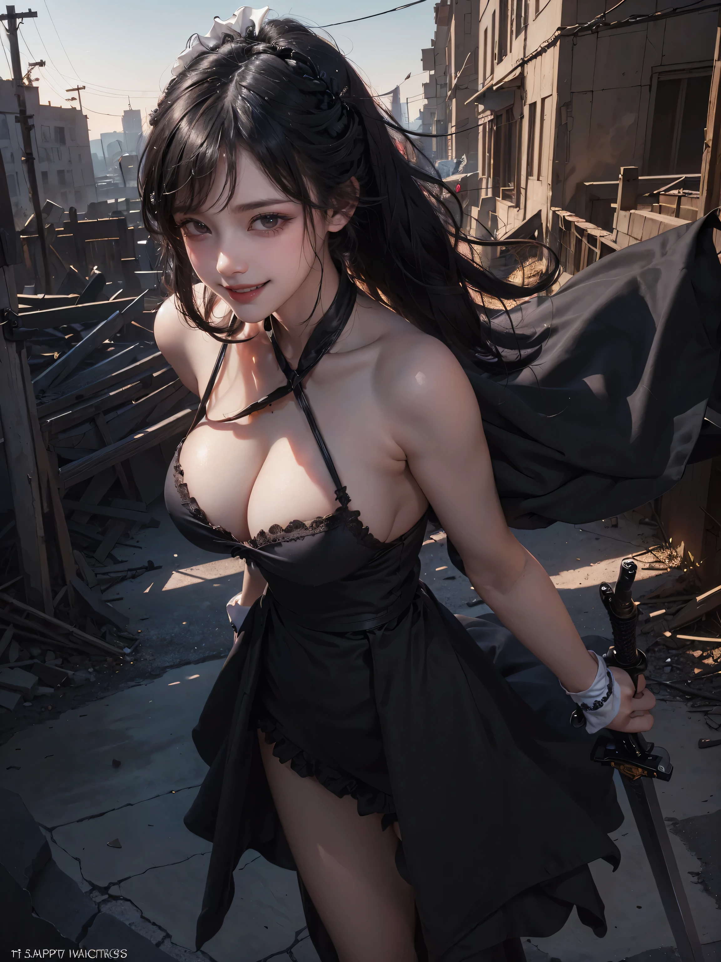 (masterpiece:1.3, Highest quality, Ultra-high resolution, Super detailed), (Realistic, photoRealistic:1.4), Perfect lighting, colorful, Depth of written boundary, Browsing Caution, Surrealism,((Pose with a gun and sword:1.3)),Beautiful detailed hair, Beautifully detailed face, Beautiful fine details, Beautiful valley,Beautiful clavicle, Beautiful body, thin脚,Beautiful feet, Beautiful breasts,Beautiful Hands, thin, 1 girl,Perfect Face, Long eyelashes,21 years old,Perfect Anatomy, Supermodel with a long neck,((Skinny1.3)),looking at the camera,(Perfect Anatomy,Anatomically correct, Highly detailed skin), Shiny skin,((beautiful girl:1.1)),(( large breasts:1.4)),(Mid-length hair:1.4, Wavy Hair:1.2, Black Hair) ,hair over one eye, Dainty facial structure,((Happy smile:1.4 )),(( ((wearing(black)Maid clothes:1.3 )),criss-cross halter,Long hangerless gloves,((Destroyed city)),Ruins scary atmosphere,Mood Lighting,naked,spooky,soil,Deep dark background,Complex background,action,Daytime,((portrait:1.2)),((wind effect)),