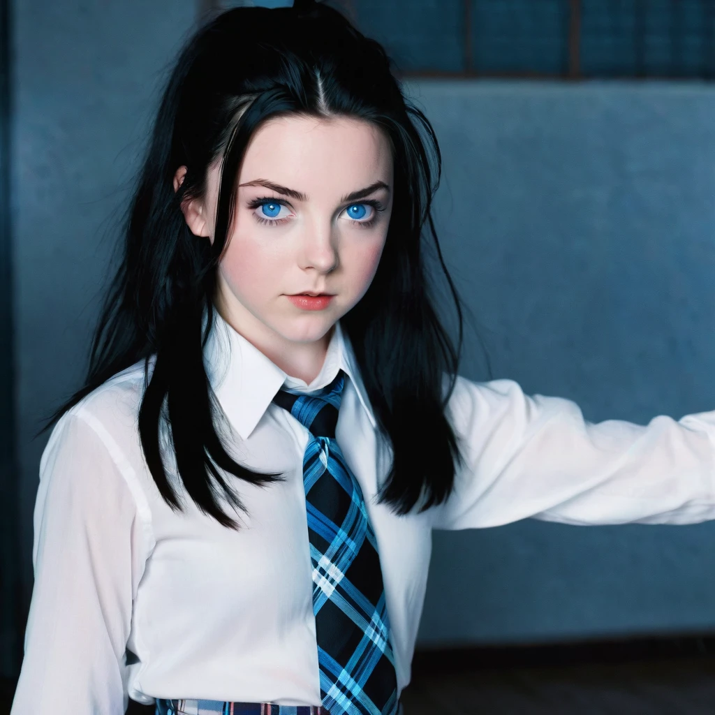 Young teen Amy lee dancing in a dark room wearing a long sleeve white shirt with a tie and a plaid short black hair and big blue eyes