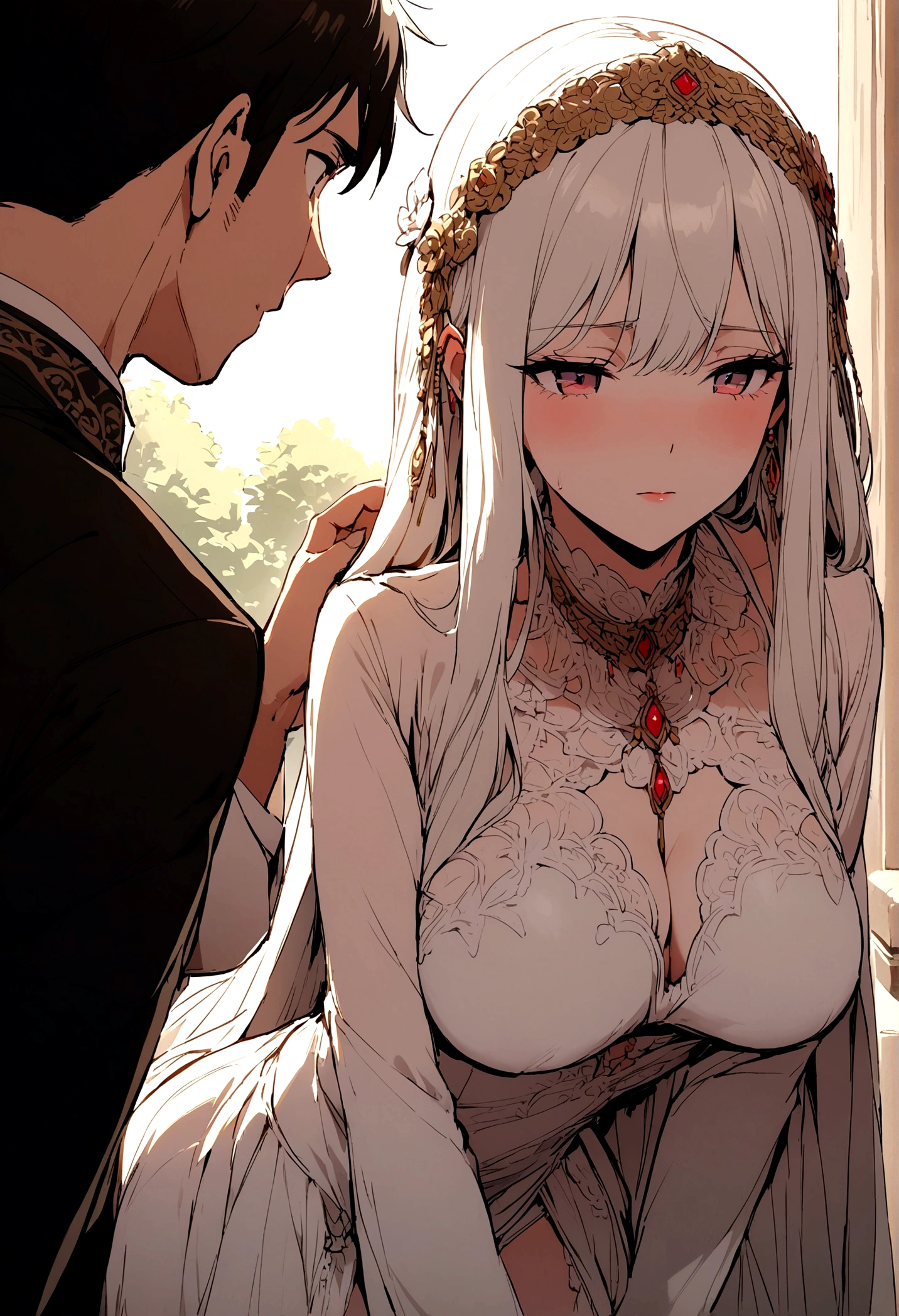 A beautiful woman masturbates outside and is watched by a man