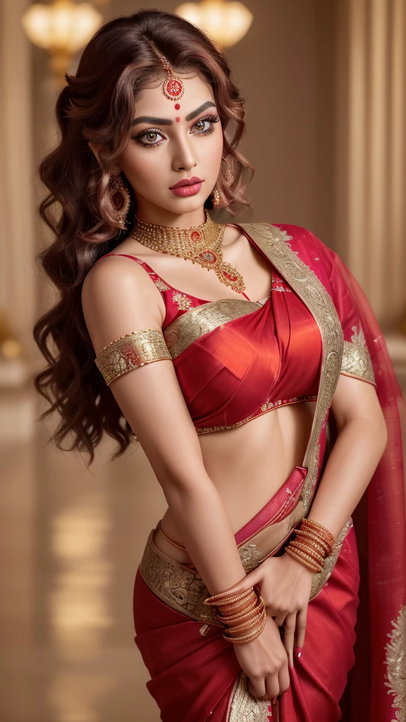 very beautiful woman with the appearance of a goddess, captured in a hyper-realistic 8K photo with ultra-high resolution and sharp focus, wearing a vibrant red saree with intricate gold embroidery. She has a wavy hairstyle with bright highlights and her makeup is flawless, highlighting her big eyes and deep eyeliner.