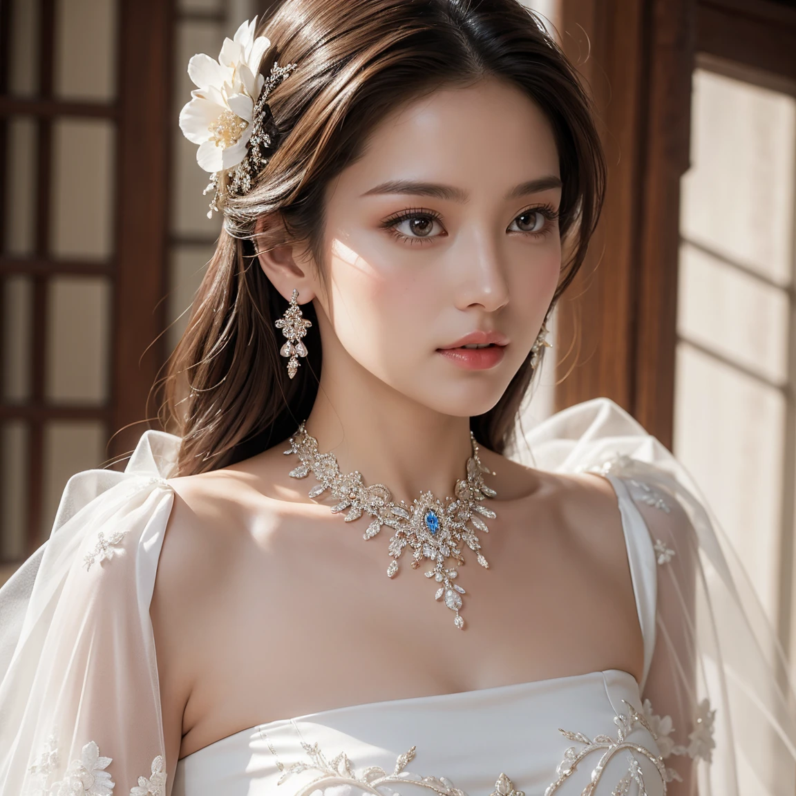 masterpiece,8k,photorealistic,ultra-detailed,highly detailed,best quality,extremely detailed face and eyes,flawless skin,beautiful detailed eyes,beautiful detailed lips,flowing wedding gown dress with one-shoulder neckline and A-line silhouette,intricate fabric textures,perfect anatomical structure,serene expression,beautiful goddess,beautiful and enchanting princess,flawless makeup,deeply in love,elegant,full body view,detailed clothing