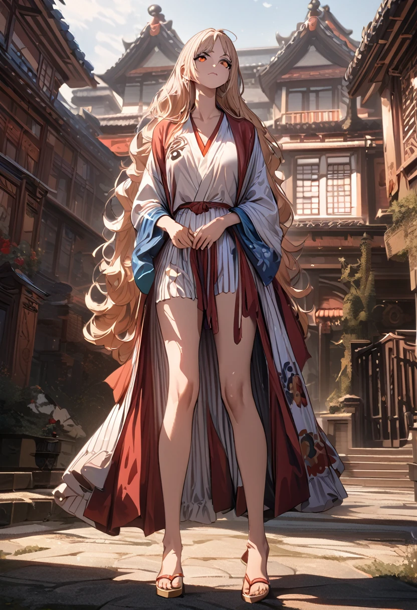 masterpiece, best quality), intricate details, 1 girl, woman, yamato \ (one piece\), (long hair), clothes, luxury house, scenery, ((front view)) ((close up shot)) ((solo)), detailed, very high resolution, no blurry image, full body, orange eyes, sligh wavy hair, ((yamato from one piece)) ((female yamato from one piece))
