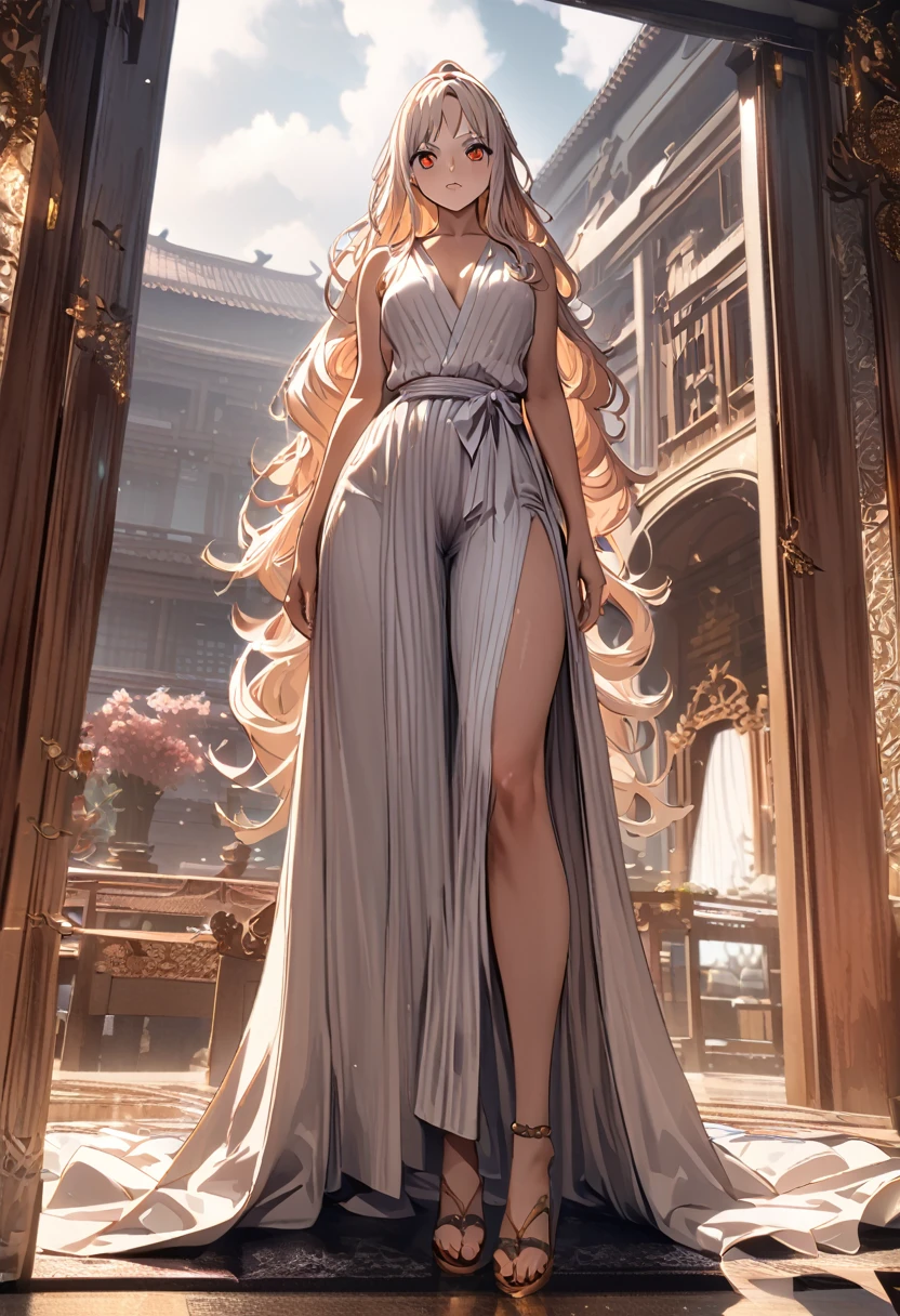 masterpiece, best quality), intricate details, 1 girl, woman, yamato \ (one piece\), (long hair), clothes, luxury house, scenery, ((front view)) ((close up shot)) ((solo)), detailed, very high resolution, no blurry image, full body, orange eyes, sligh wavy hair, ((yamato from one piece)) ((female yamato from one piece))