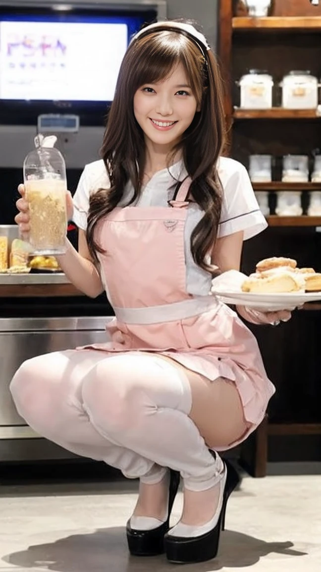 A bunny girl in a pale pink maid outfit working at a maid cafe:1.5，The best smile:1.5，Full Body Shot:1.5，Gray background:1.5，Wearing black high heels:1.5，Brown Hair, Shortcuts, Sidewave:1.5，Honda Tsubasa:1.5，Squat:1.5