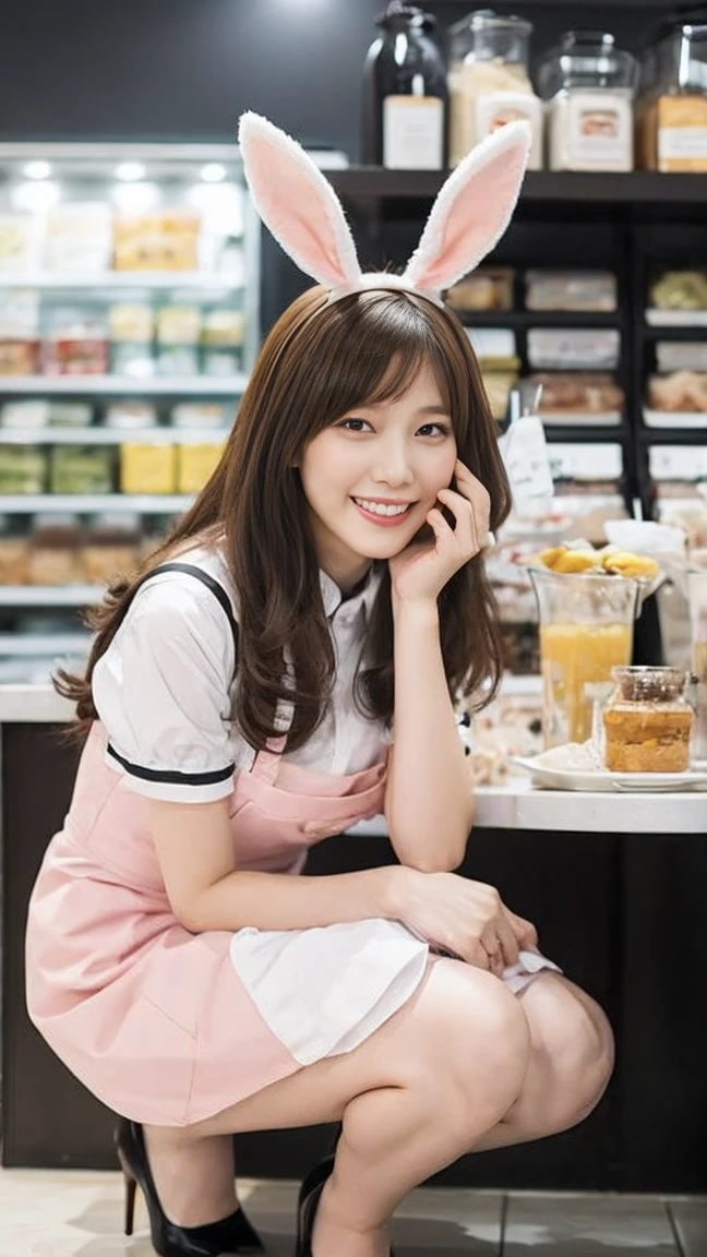 A bunny girl in a pale pink maid outfit working at a maid cafe:1.5,The best smile:1.5,Full Body Shot:1.5,Gray background:1.5,Wearing black high heels:1.5,Brown Hair, Shortcuts, Sidewave:1.5,Honda Tsubasa:1.5,Squat:1.5