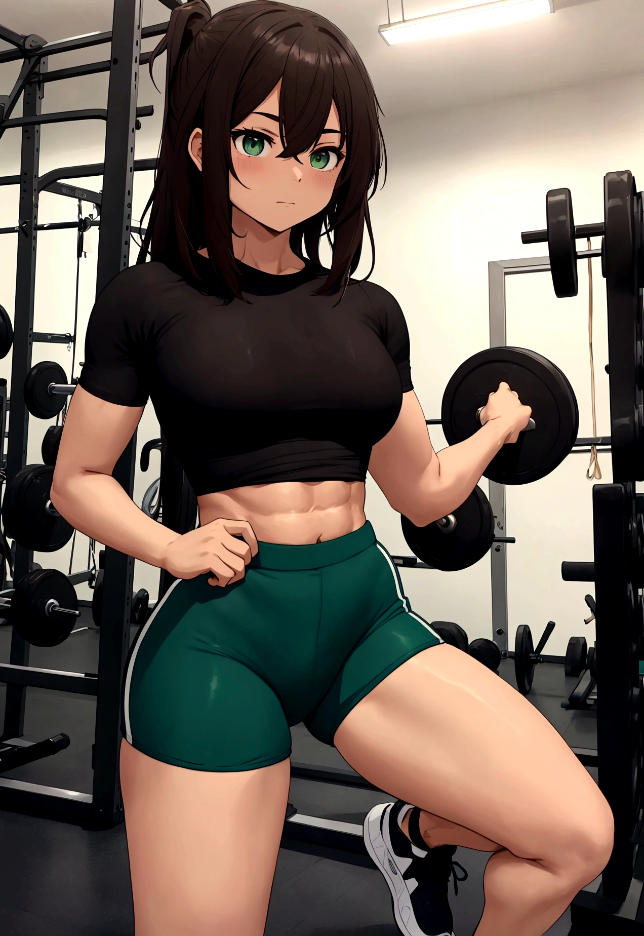 A modern gym with well-distributed exercise equipment. Naru, an 18 year old girl with short medium brown hair in the Megumin style and green eyes, She is dressed in a tight blue sports shirt and black lycra shorts.. He is wearing white sneakers and is lifting weights with determination. His hair is slightly messy from the effort., and his green eyes are focused on his training. Exercise equipment includes weights, treadmills and weight machines. A large mirror can be seen reflecting your image while you train, showing his aesthetic figure and his concentration. The tight sports shirt highlights his worked physique and the lycra shorts fit his thighs, where her tattoo under her right buttock on her thigh is barely visible due to movement