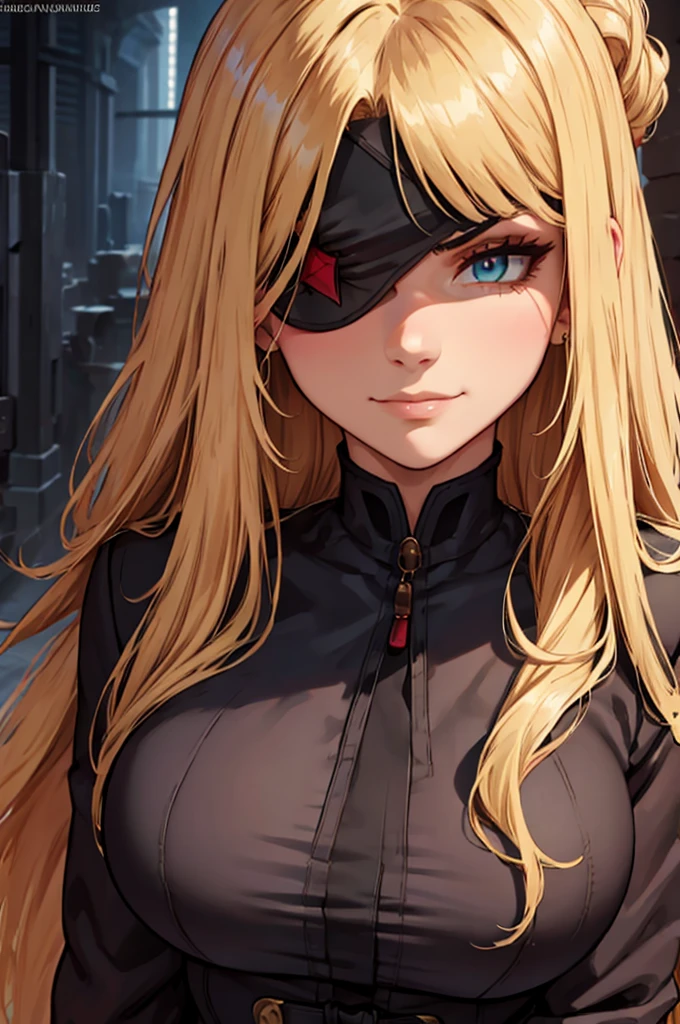 ((masterpiece)), ((best quality)), 1girl, adult, long hair, ((blonde hair)), blonde hair, ((intimidant look)), ((close-up)), green eyes, black and red clothes, sexy, dark colors, brillant eyes, ((coat with fur)), ((wavy hair)), perfect hands, ((sexy pose)), ((intimidant look)), good anatomy, ((dark sage clothes)), ((straight cut bangs)), emotionless, intimidant, ((beautiful eyes)), close up, ((detailed eyes)), beautiful eyes, ((detailed face)), hair bang, frontal look, abs, smile, detailed face, eyepatch, full body