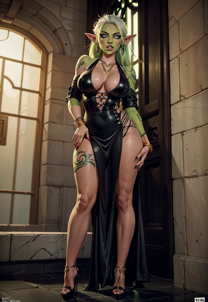 UHD 8k, HDR+, cartoon women with green face and white hair, green skin, goblin girl, DnD character, female goblin portrait, green skin, fantasy goblin Drak, green orc woman, goblin art, D&D goblin rogue, goblin theme, goblin, goblin woman with necklace, big piercing eyes, huge earrings, giant earrings, blonde hair, earrings, lips, eyelashes, tattoo, heavy makeup, piercings, ear piercings, jewelry, gold bracelets on which she holds her hands , tight black gothic dress, black high heels heels, high heels, legs, full color illustration, epic full color illustration, 16k, FHD
