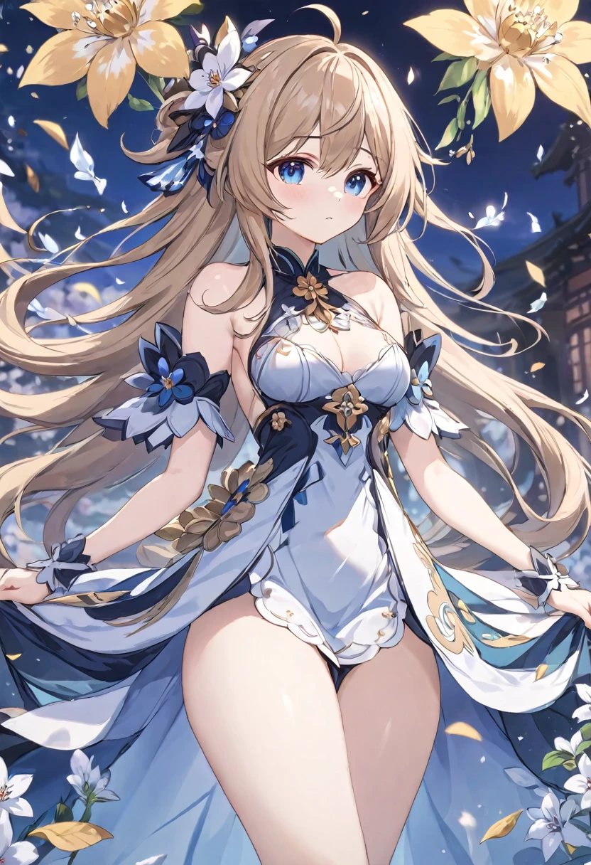 Super detailed,(Highest quality),((masterpiece)),(High resolution),original,Highly detailed 8k wallpaper,(Very delicate and beautiful),
anime,
\\,
Break 1 Girl, alone, Hired (Genshin Impact), flower, dress, Long Hair,Nipples