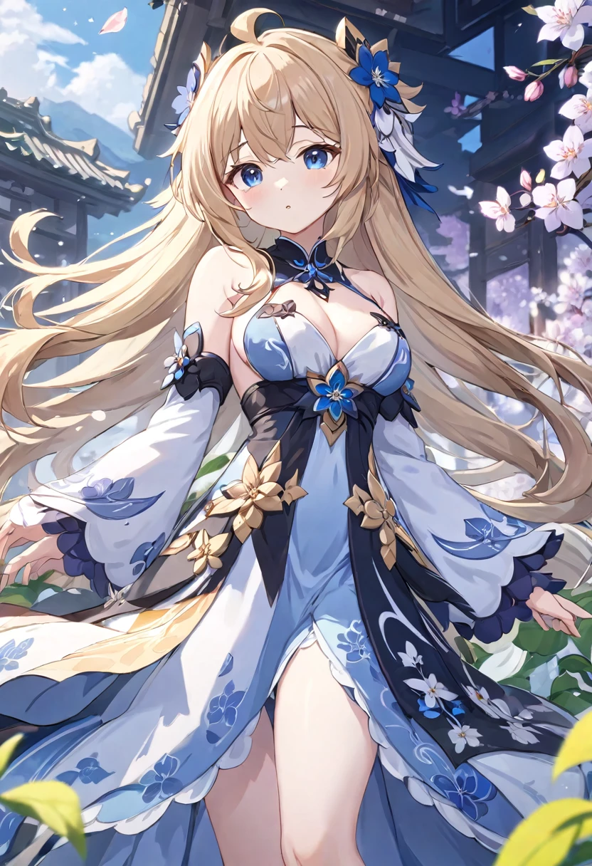 Super detailed,(Highest quality),((masterpiece)),(High resolution),original,Highly detailed 8k wallpaper,(Very delicate and beautiful),
anime,
\\,
Break 1 Girl, alone, Hired (Genshin Impact), flower, dress, Long Hair,Nipples