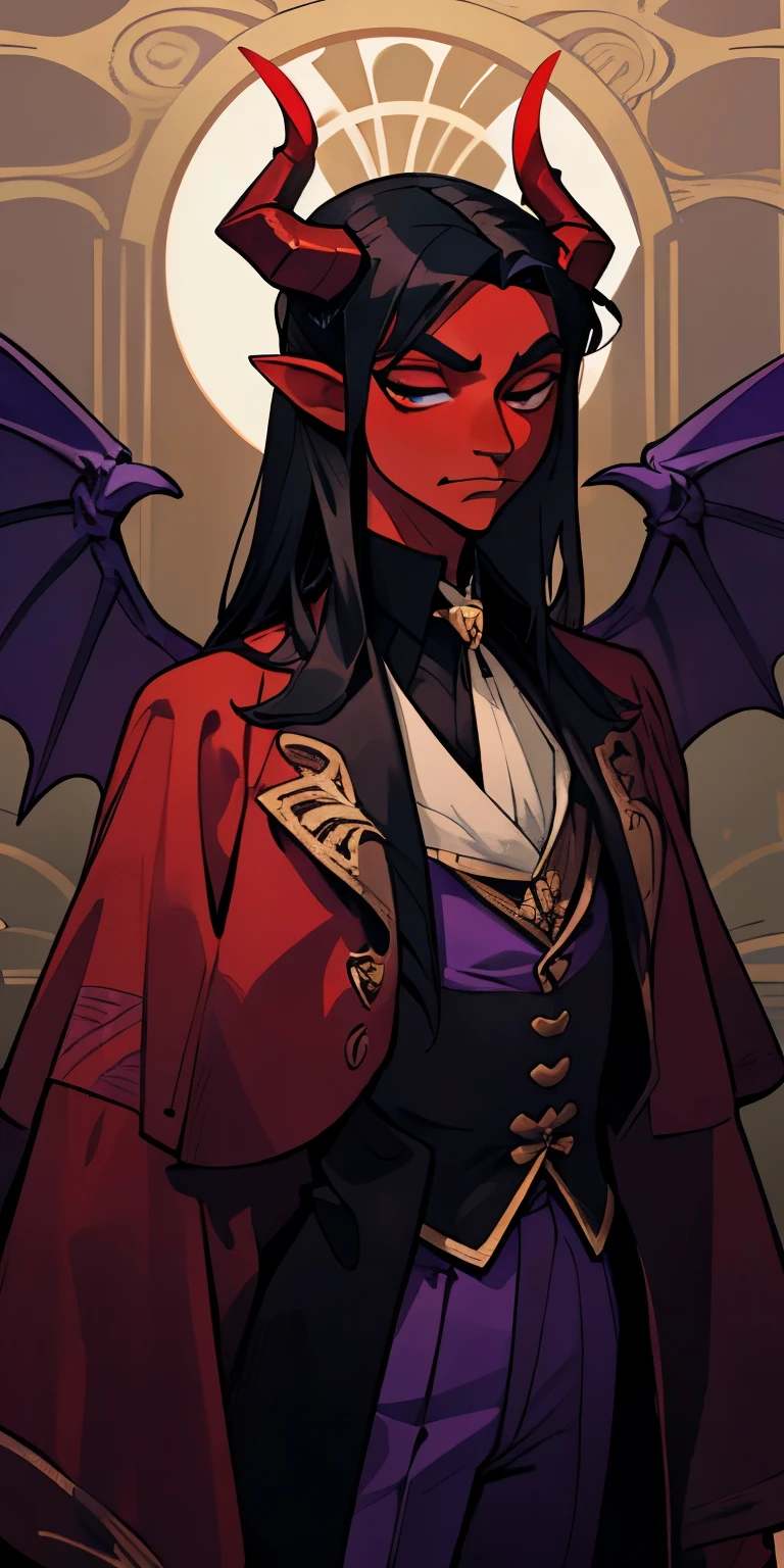 man, Devil, purple clothes with gold patterns, black hair, wings, horns, red skin, aristocratic clothing