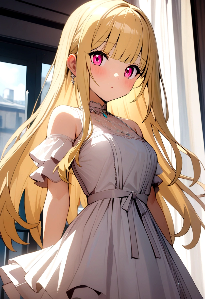 Masterpiece, anime girl, live2D model, blond hair, long hair with bangs, pink eyes, cute dress, look at viewer.