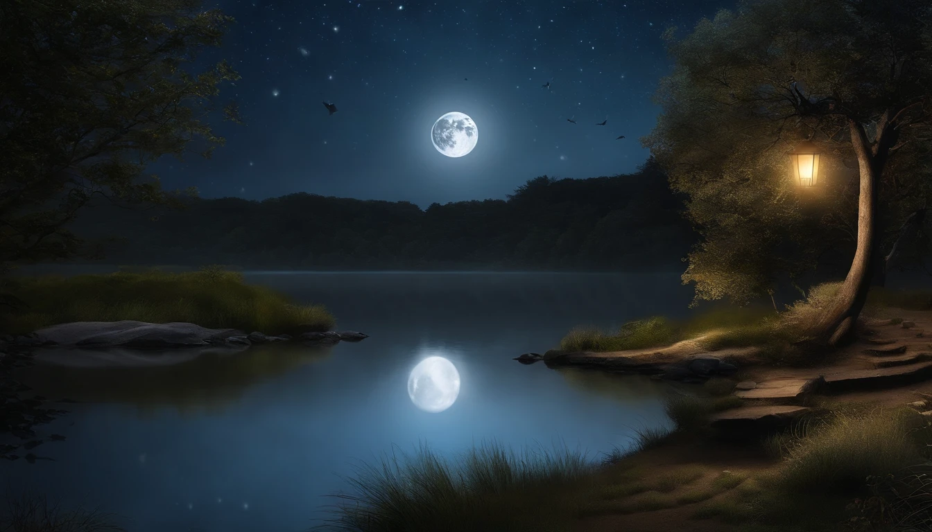 "Une nuit paisible et sereine, bathed in a silvery glow. A harmonious scene where the moon reflects delicately on the calm waters. Twinkling stars dot the dark sky, creating a magical atmosphere. The surrounding nature is shrouded in a light and mysterious mist. Let your imagination come to life in this night painting full of calm and tranquility."