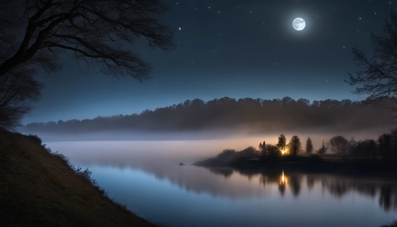 "Une nuit paisible et sereine, bathed in a silvery glow. A harmonious scene where the moon reflects delicately on the calm waters. Twinkling stars dot the dark sky, creating a magical atmosphere. The surrounding nature is shrouded in a light and mysterious mist. Let your imagination come to life in this night painting full of calm and tranquility."