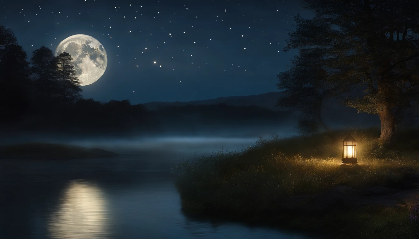 "Une nuit paisible et sereine, bathed in a silvery glow. A harmonious scene where the moon reflects delicately on the calm waters. Twinkling stars dot the dark sky, creating a magical atmosphere. The surrounding nature is shrouded in a light and mysterious mist. Let your imagination come to life in this night painting full of calm and tranquility."