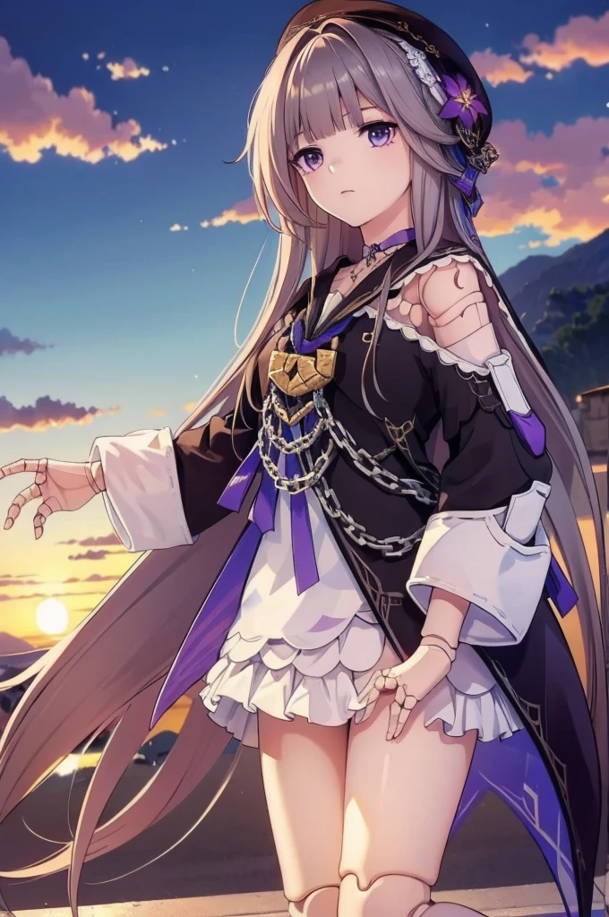 (pensive looking at sunset), (masterpiece), (top quality), (super detail), (one girl), jittery eyes, (dancing) flowing hair, (shiny), full body, (hide hands, doll joints)