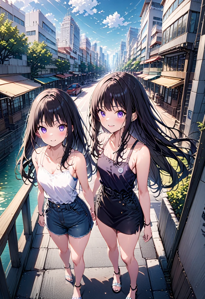 realistic anime illustration of a pretty black long hair young woman, (inoue takina, purple eyes, black long hair), smiling, walking on Singapore street, Merlion scenery, {she wearing black denim jacket, lavender tanktop, light-blue denim pencil mini skirt, silver heel sandals}, (black denim jacket, lavender tanktop, light-blue denim pencil mini skirt, silver heel sandals)