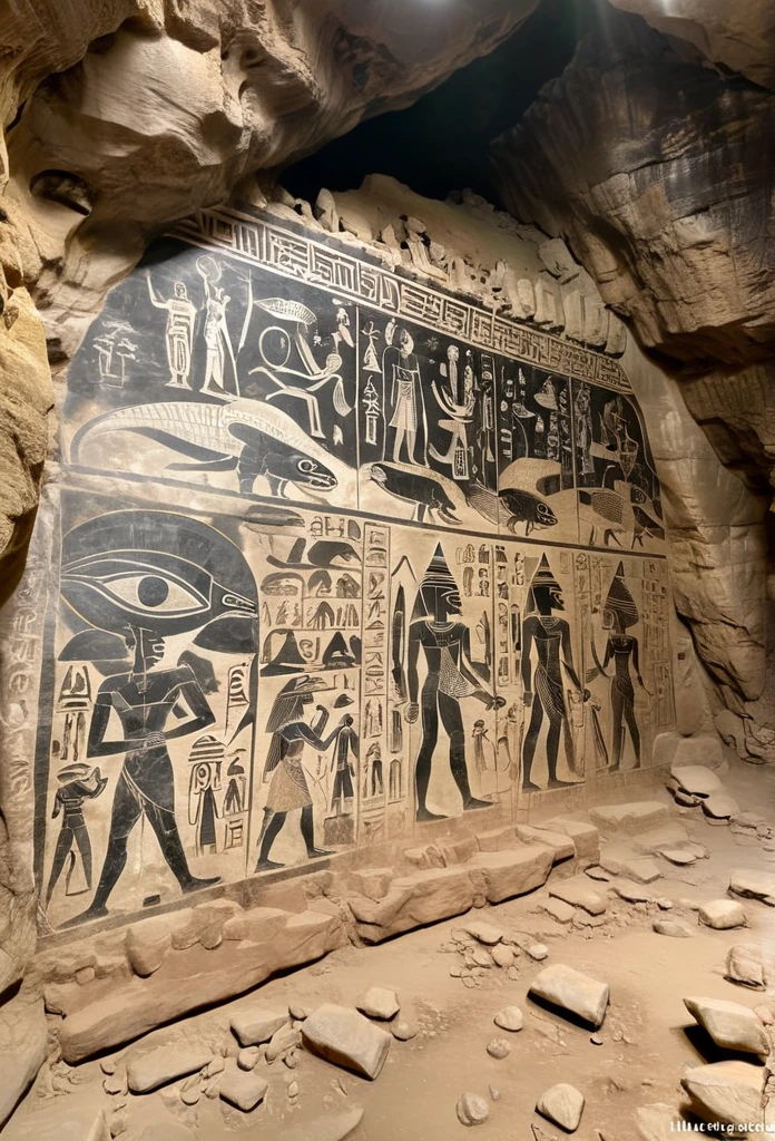 A huge mural was discovered in the cave. The mural dates back to the BC era.、The murals found in ancient ruins are more realistic than the stone-carved paintings found in the ruins.、More like a photo、
Older A monochrome photo of an alien like an Egyptian mural