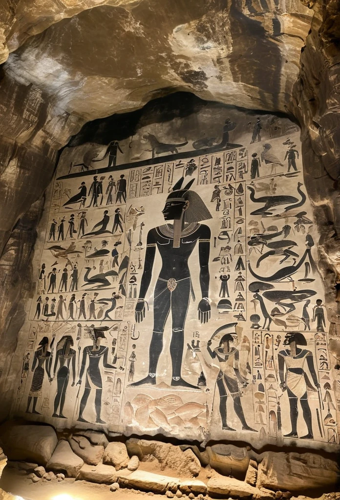 A huge mural was discovered in the cave. The mural dates back to the BC era.、The murals found in ancient ruins are more realistic than the stone-carved paintings found in the ruins.、More like a photo、
Older A monochrome photo of an alien like an Egyptian mural