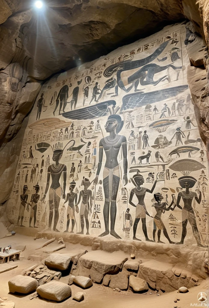 A huge mural was discovered in the cave. The mural dates back to the BC era.、The murals found in ancient ruins are more realistic than the stone-carved paintings found in the ruins.、More like a photo、
Older A monochrome photo of an alien like an Egyptian mural