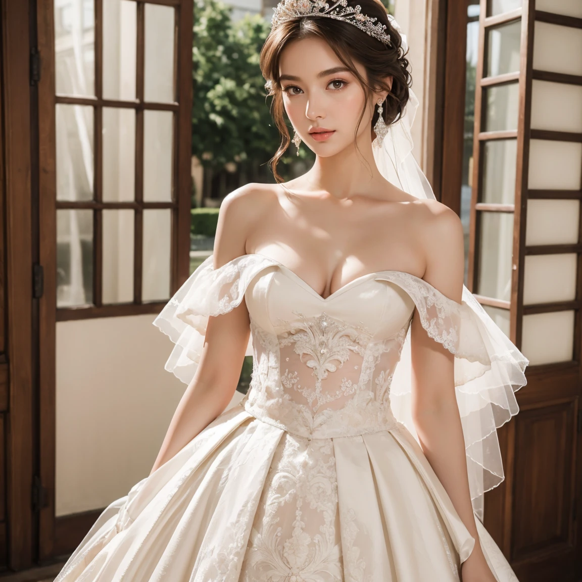 (masterpiece, best quality:1.5), ((Extremely detailed wedding dress)),(Wedding dress with a one-shoulder neckline and an A-line hem) high resolution, 16K, The most beautiful face in the world, Very detailed and beautiful face and eyes, Glowing skin, Delicate fabric texture, Perfect anatomical structure, rest, (Beauty incarnate:1.3), (Beautiful goddess:1.3), (Beautiful and charming princess:1.3), Perfect makeup, Deeply in love, Full of elegance. (whole body:1.5), (Garment View)