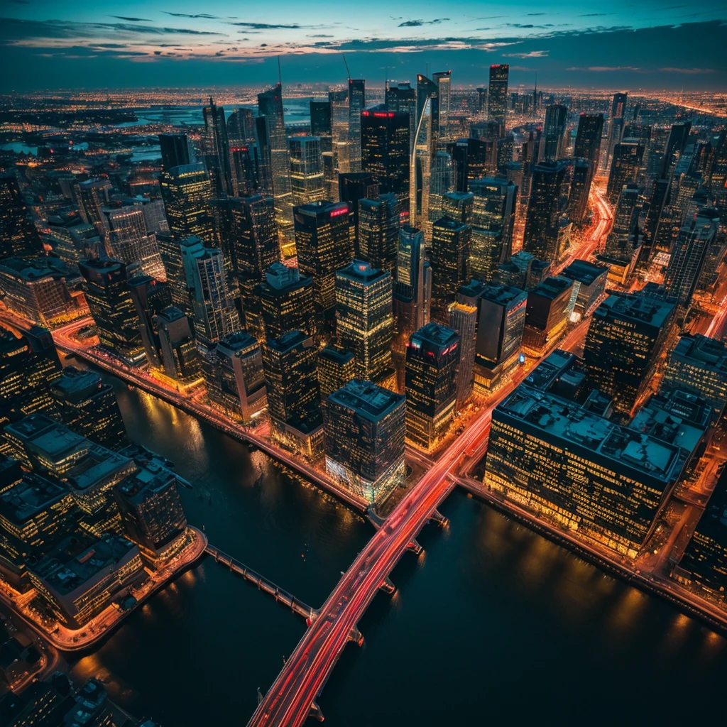 a detailed night cityscape from above, glowing skyscrapers, bustling traffic, neon signs, reflections in puddles, cool color tones, cinematic atmosphere, dramatic lighting, (best quality,8k,hyperrealistic,photorealistic:1.4), award-winning, striking composition, captivating details