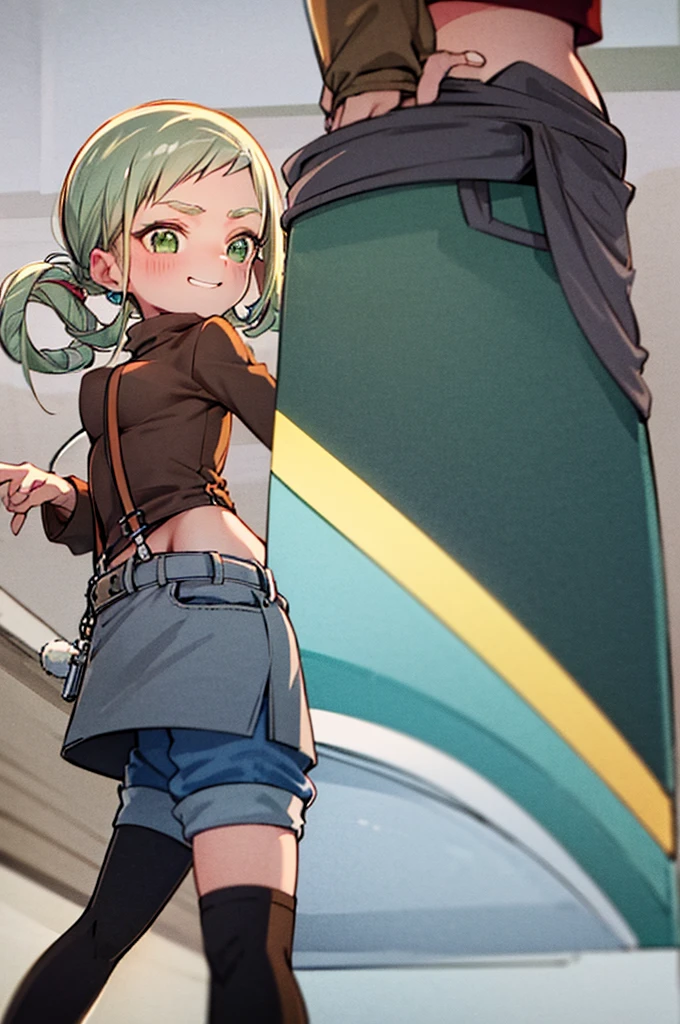 ojaskmmkcs, standing, smile, wink, simple background, adult, medium breasts, heavy winter brown jacket, gray shirt, blue jean pants, green eyes, blush, energetic pose