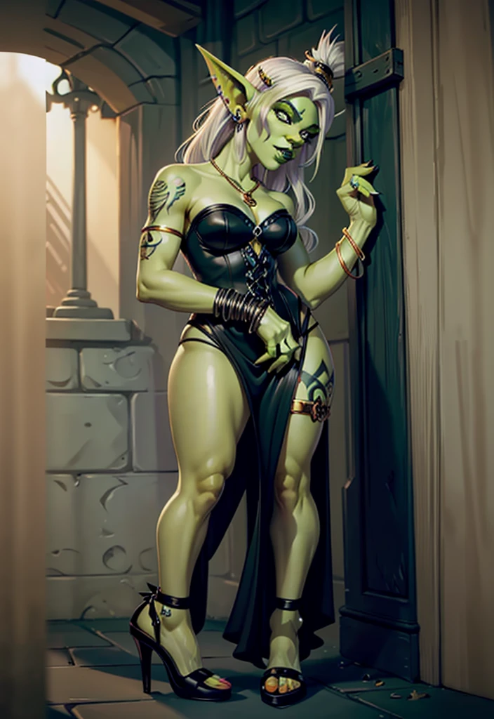 UHD 8k, HDR+, cartoon women with green face and white hair, green skin, goblin girl, DnD character, female goblin portrait, green skin, fantasy goblin Drak, green orc woman, goblin art, D&D goblin rogue, goblin theme, goblin, goblin woman with necklace, big piercing eyes, huge earrings, giant earrings, blonde hair, earrings, lips, eyelashes, tattoo, heavy makeup, piercings, ear piercings, jewelry, gold bracelets on which she holds her hands , tight black gothic dress, black high heels heels, high heels, legs, full color illustration, epic full color illustration, 16k, FHD