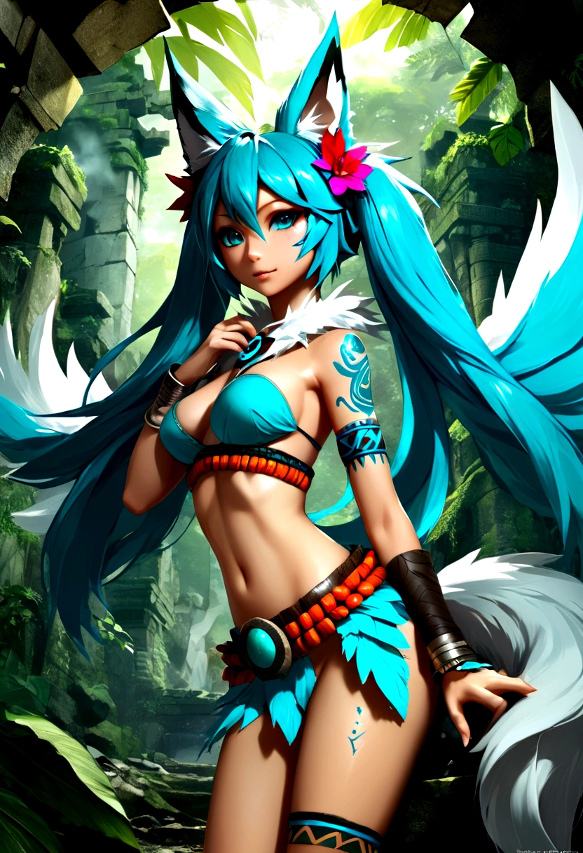 Miku Hatsune, add high definition add_detail:1, blue fur,kitsune ears, tribal tattoo add_detail:1, in a ruins in the jungle, barefoot, tribal costume add_details:1, giant aqua feather wings add_detailsl:1 ,alas hermosas la mejor calidad y detail en las plumas, add blue saturation light_detailsl , tribal warrior add_detailsl:1