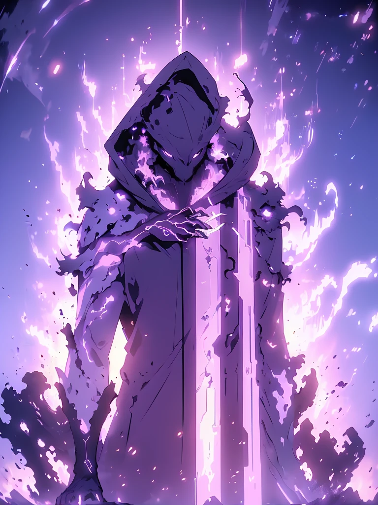1 boy, jinwoo, clouds mountain background, wearing white oversize hoodie, angel, no face, high resolution, 4k, 8k, UHD, aura, purple aura coming out of hands, standing in middle of sparkling clouds, facing away, wind blowing fast
