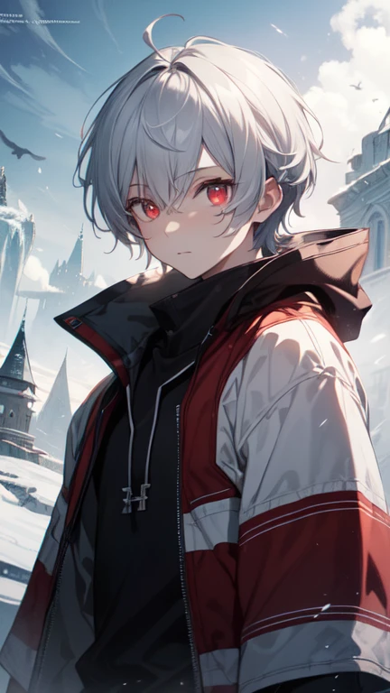 (high resolution, 4K, extremely detaild, work of art:1.2),1 male , eerie glowing red eyes, short messy white hair, , wizard with ice powers, wear cold clothes, Cute beauty