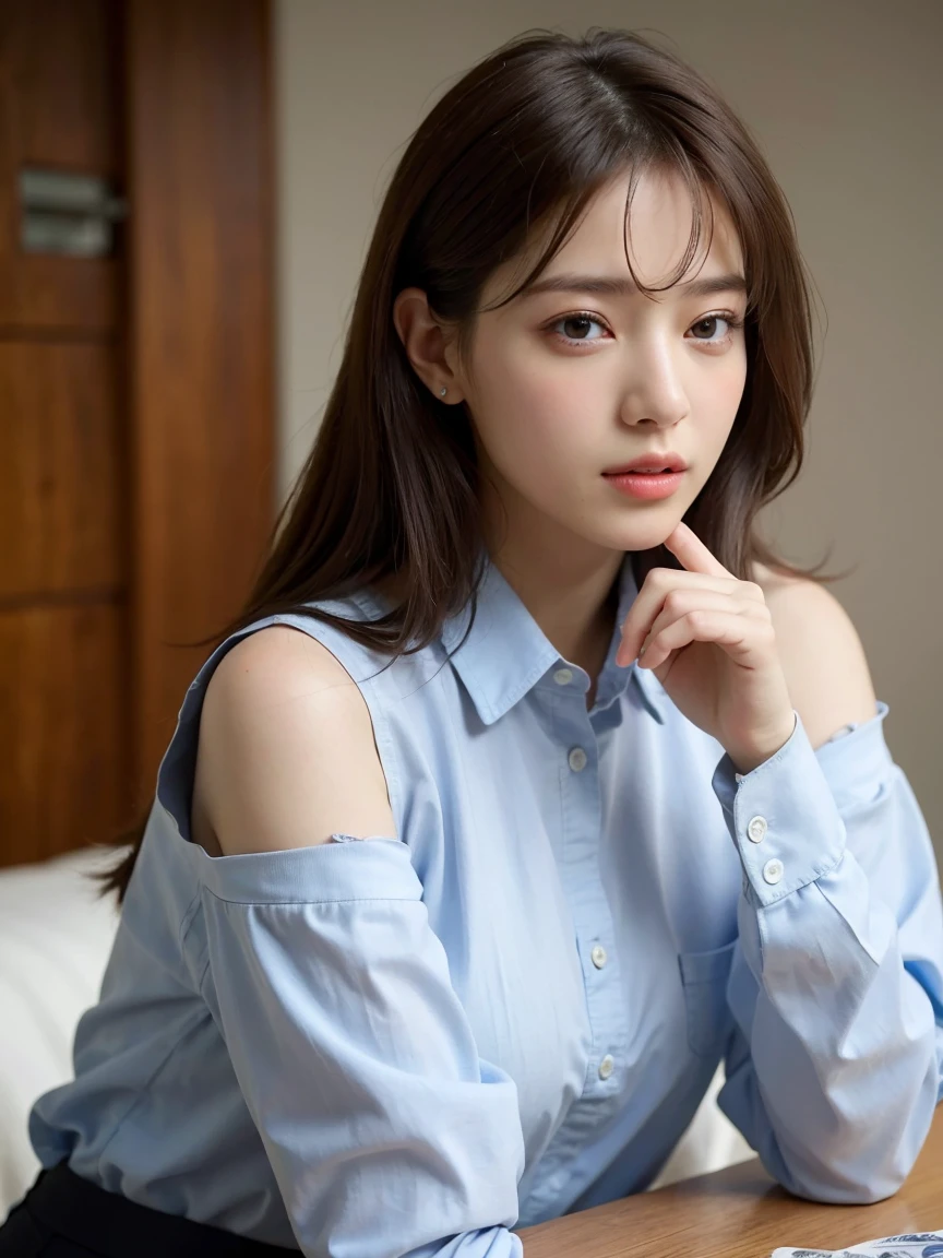 (Highest quality:1.3) (Very realistic, realistic:1.3), (Sharp focus:1.3) (Very realistic and high quality.:1.3). (High quality and highly detailed.:1.3) table top, Very delicate and beautiful, soft light, (brown hair, Straight, shoulder-length hair blows in the wind.), Beautiful girl captures details, (finger details:1.3) , Highly detailed eyes and face, Beautifully detailed nose, Detailed and beautiful eyes, 1 woman, Japan, beautiful nature, cute, young people, dress shirt, trousers, (half body:1.3), (Medium bust), realistic face, realistic body,