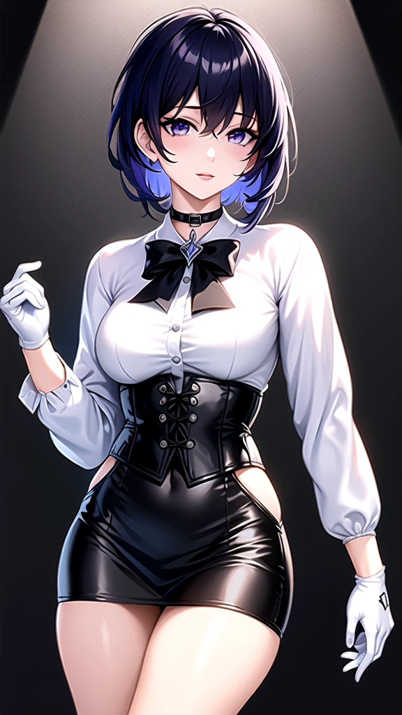 Masterpiece, Beautiful art, professional artist, 8k, Very detailed face, Detailed clothing, detailed fabric, 1 girl, Soul Fullness \(Honkai Impact 3rd\), front view, standing, perfectly drawn body, shy expression, pale skin, beautiful face, short dark blue hair, 4k eyes, very detailed eyes, pink cheeks, choker:1.6, (white long sleeve button down shirt with white collar), black gloves, gloves that cover hands, (black leather corset), (shiny black tight mini skirt), Sensual Lips , winter night, show details in the eyes, looking at the viewer, elegant room, at night