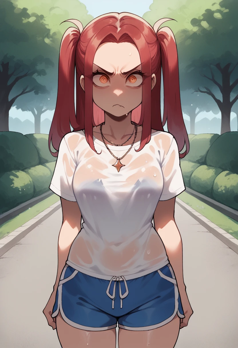 score_9, score_8_up, score_7_up,expressive eyes,1 girl, straight cut,hair over forehead, smooth hair,colored white and red hair,orange eye, swirly eyes,necklace,two side up, revealing shirt, loose shirt, dolphin shorts,in park, closed mouth, :t, pout, mad ,thunderstorm,wet, nighttime
