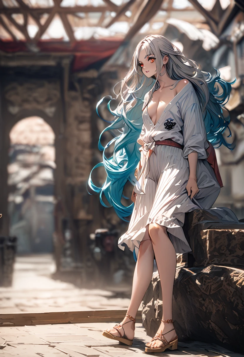 masterpiece, best quality), intricate details, 1 girl, woman, yamato \ (one piece\), (long hair), clothes, luxury house, scenery, ((front view)) ((close up shot)) ((solo)), detailed, very high resolution, no blurry image, full body, orange eyes, sligh wavy hair, ((yamato from one piece)) ((female yamato from one piece))