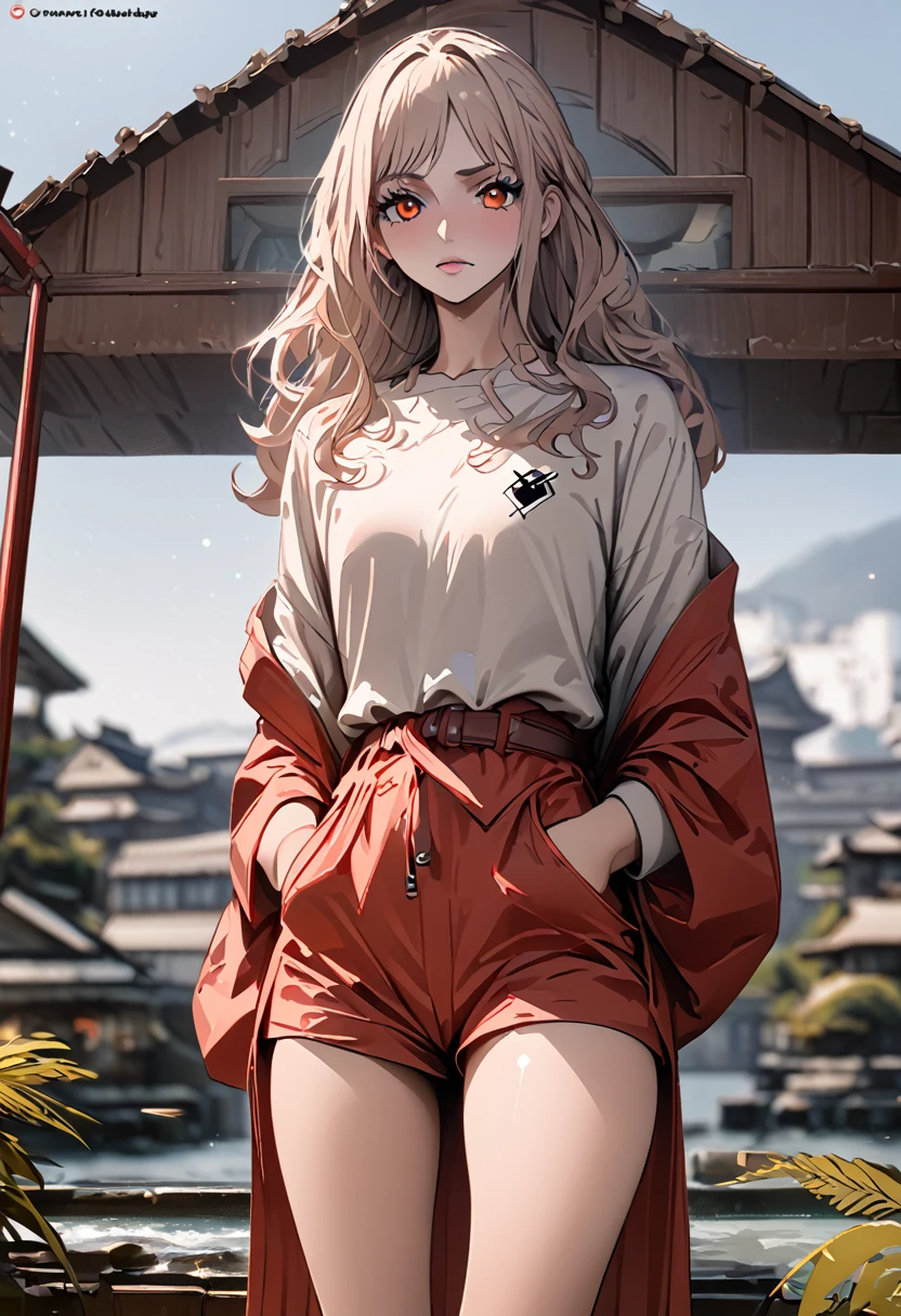 masterpiece, best quality), intricate details, 1 girl, woman, yamato \ (one piece\), (long hair), clothes, luxury house, scenery, ((front view)) ((close up shot)) ((solo)), detailed, very high resolution, no blurry image, full body, orange eyes, sligh wavy hair, ((yamato from one piece)) ((female yamato from one piece))