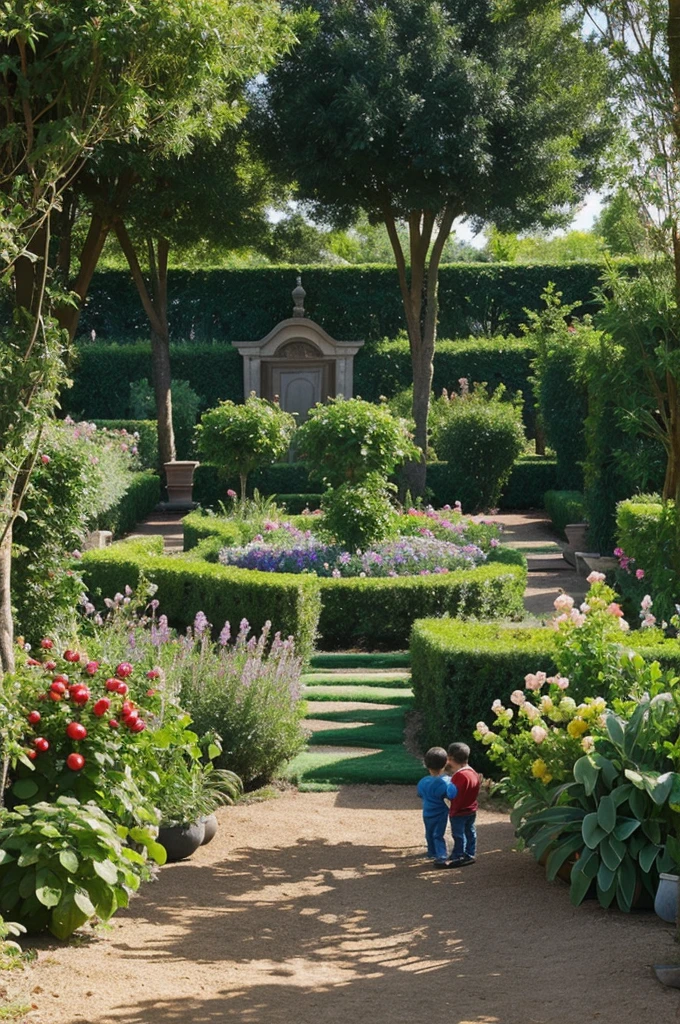 A setting that shows a beautiful garden, similar to the garden of eden, with fruit trees and various plants. Pedro and Lucas are exploring