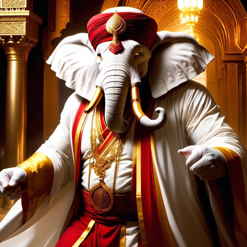 (1 white elephant-humanoid male:1.5), solo, wearing arabic priest cloathing, turban på hovedet, fullbody-image, attacking viewer with fists, detailed elephant cleric man, long beefy carved fangs, semi strong body, (smirk:1.1), (nose blush:1.1), (big yellow eyes:1.1), (hvid pels:1.1), beautiful detailed face, cinematic lighting, shot on canon 5d, Greg Rutkowski, Yoji Shinkawa:0.6,