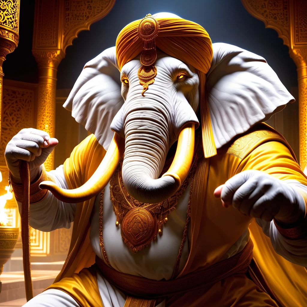 (1 white elephant-humanoid male:1.5), solo, wearing arabic priest cloathing, turban på hovedet, fullbody-image, attacking viewer with fists, detailed elephant cleric man, long beefy carved fangs, semi strong body, (smirk:1.1), (nose blush:1.1), (big yellow eyes:1.1), (hvid pels:1.1), beautiful detailed face, cinematic lighting, shot on canon 5d, Greg Rutkowski, Yoji Shinkawa:0.6,