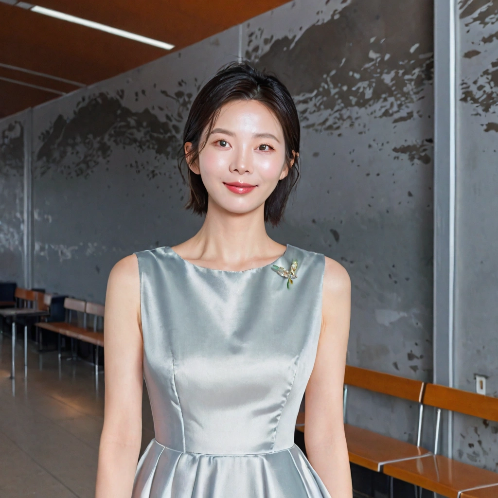 beautiful korean girl , 32 inch chest size, Your eyes are big and pretty. Standing in the departure hall of the airport. . short medium hair, A dress that completely covers the chest, laugh, uhd
