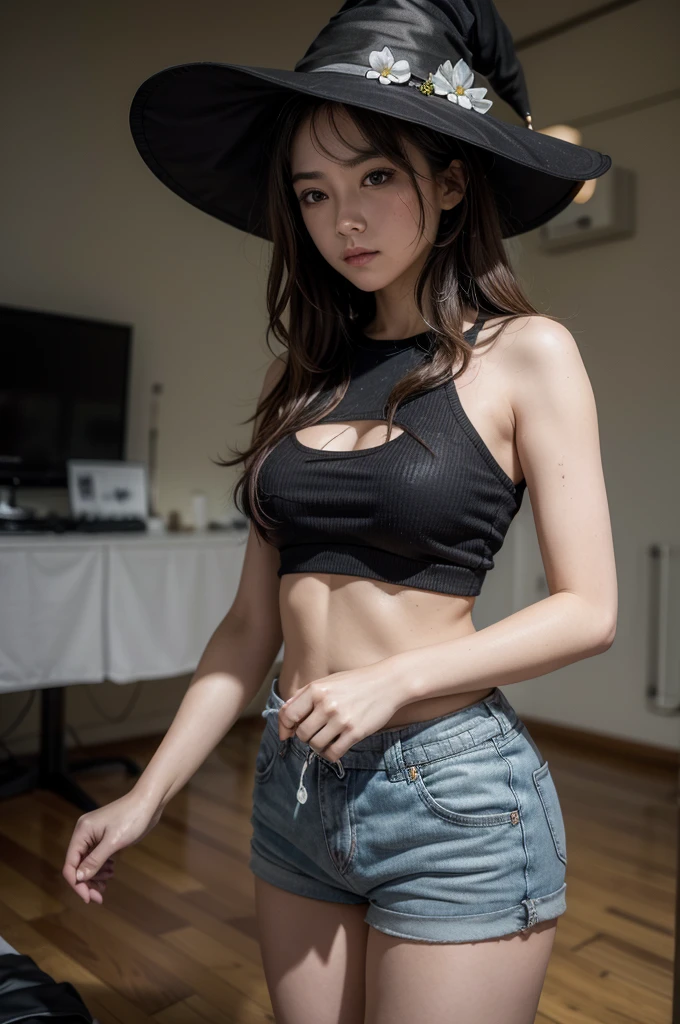 (), big fit ass ,(work of art), best qualityer, extremely detaild, (water colour), blossom, Delicate and gorgeous, illustration, (from low),(1 witch:1.4), (alone:1.2), seios big fit asss, (black lugerie:1.3), ombro to ombro sweater, (short shorts:1.2), bared shoulders, (below the chest), ((darkskin:0.8)), gorgeous eyes, (disheveled hair ), fot, over shoulder shot, proffesional, Canon Camera, Nikon Camera, Spitz, bokeh, Studio quality, Fish-eye lens