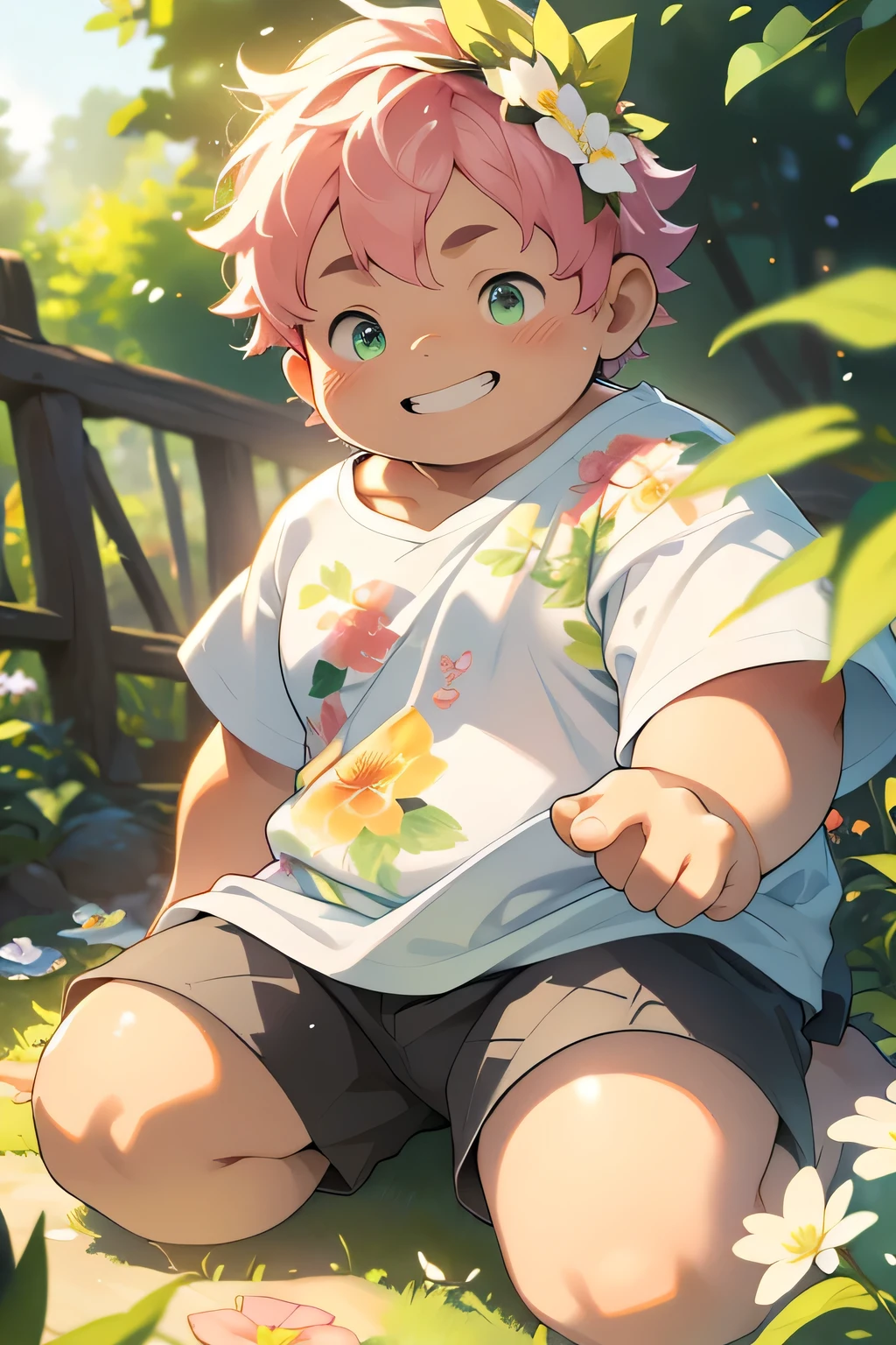 a chubby boy, cute, overweight, short pink hair, neon green eyes, white t-shirt and black shorts, playing outdoors, happy, full body, waving, wearing a flower crown, (best quality,4k,8k,highres,masterpiece:1.2),ultra-detailed,(realistic,photorealistic,photo-realistic:1.37),HDR,UHD,studio lighting,ultra-fine painting,sharp focus,physically-based rendering,extreme detail description,professional,vivid colors,bokeh,digital painting,cute,adorable,cheerful,playful,nature,garden,flowers,lush greenery