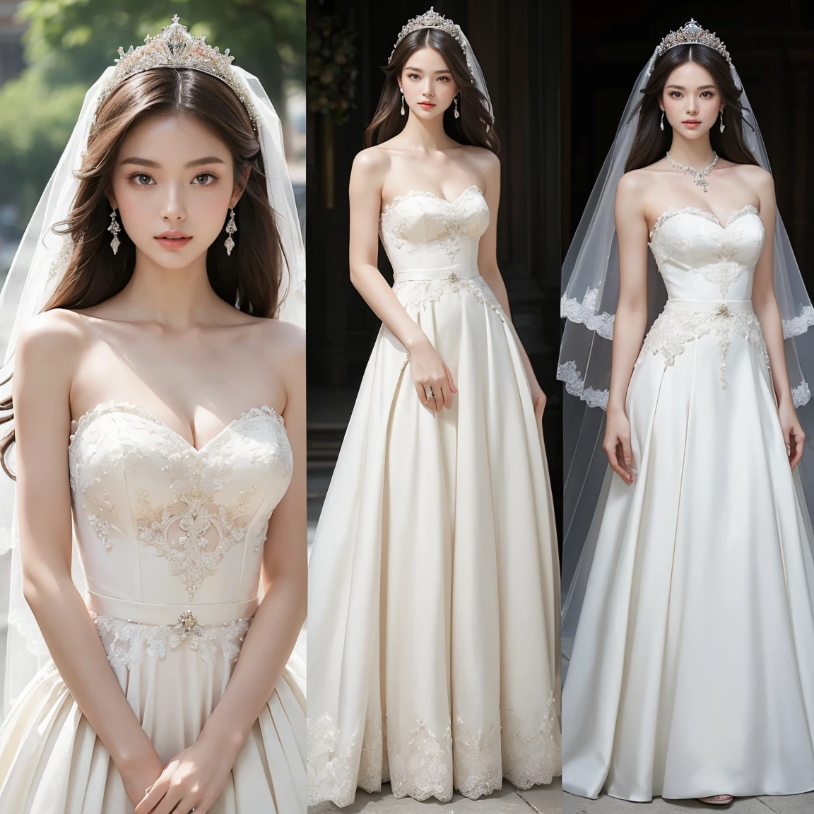 (masterpiece, best quality:1.5), ((Extremely detailed wedding dress)),(One-shoulder and high-waist wedding dress) high resolution, 16K, The most beautiful face in the world, Very detailed and beautiful face and eyes, Glowing skin, Delicate fabric texture, Perfect anatomical structure, rest, (Beauty incarnate:1.3), (Beautiful goddess:1.3), (Beautiful and charming princess:1.3), Perfect makeup, Deeply in love, Full of elegance. (whole body:1.5), (Clothing three views)